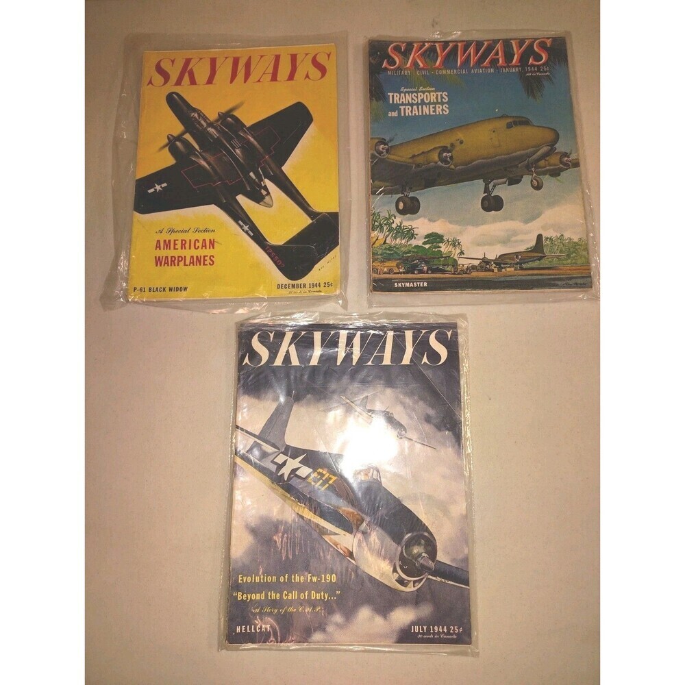 Lot 3 Vintage 1943 SKYWAYS Aviation Magazines WWII Art Mustang P-51 Sikorsky